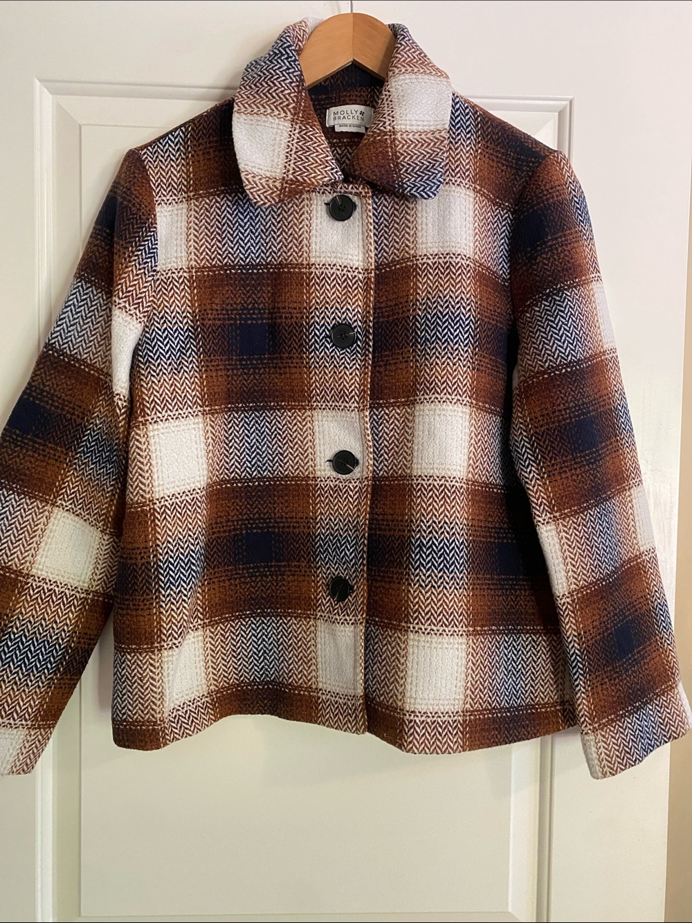 Molly Bracken Brown, Cream & Navy Plaid Button-Front Pea Coat